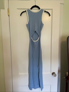 Light Blue Cutout Midi Knit Dress with White Trim